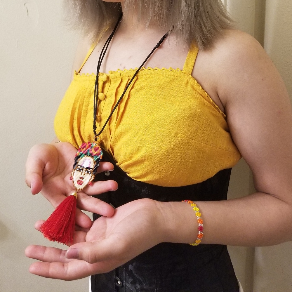 This is a beaded necklace of frida kahlo